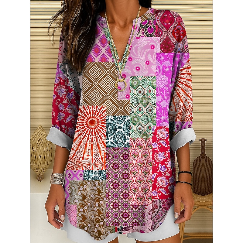 Women's Blouse Tunic V Neck Long Sleeve Boho Casual Graphic Geometric Color Block Elegant Bohemia Vintage Regular Tops Daily Wear Print Yellow Red Blue Purple Green