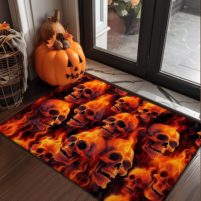 Halloween Indoor Outdoor Doormat Kitchen Mat Fire Skulls Pattern, Non-Slip Front Door Mat for Porch, Entryway, Patio, Bedroom, Bathroom and 2025 Halloween Home Decoration