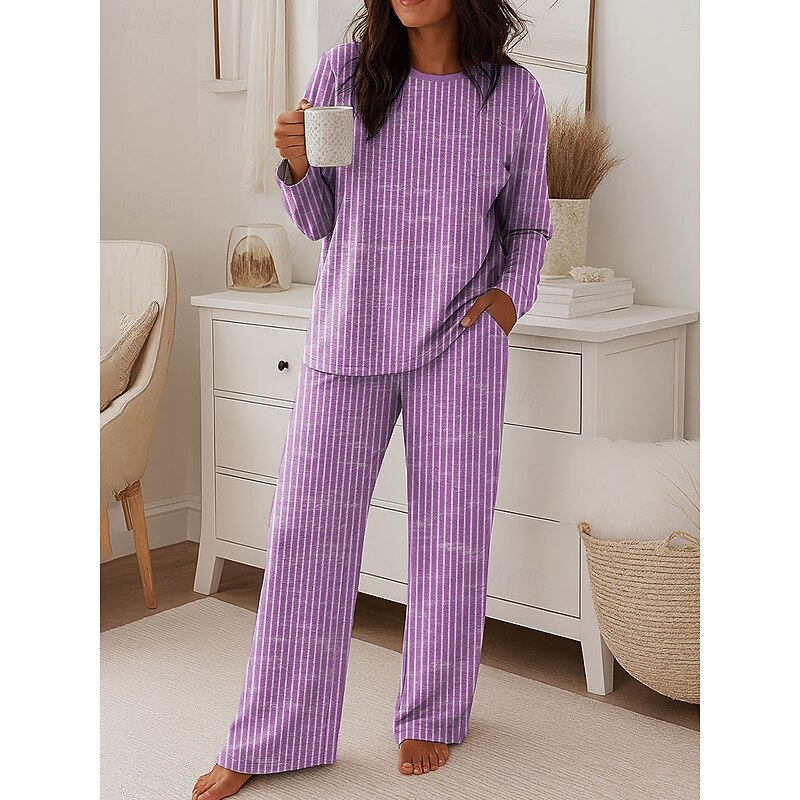 Women's Fashion T Shirt Pants Sets Long Sleeve Crew Neck Round Neck Graphic Striped Print Casual Daily Blue Purple Green Spring Regular Fit4
