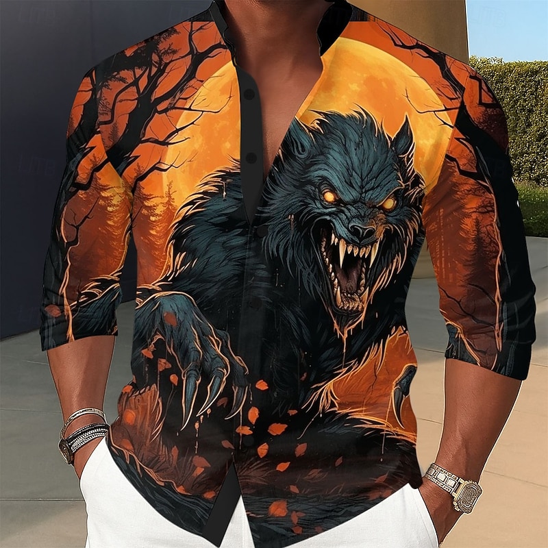 Men's Animal Wolf Devil Shirt Stand Collar Shirt Long Sleeve Dark Punk Gothic Style Holiday Spring Fall Mandarin Collar Band Collar 3D Print Button Up Shirts Blue Orange