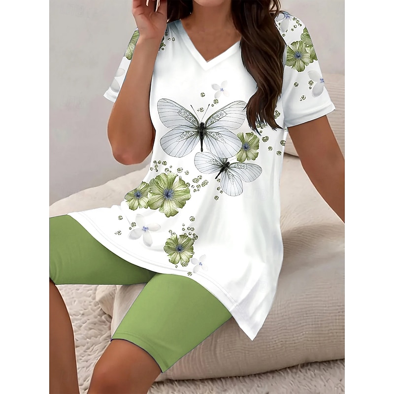 Women's Fashion Daily T Shirt Shorts Sets Short Sleeve V Neck Ombre Floral Butterfly Print Daily Casual Daily Light Green Grape Ocean Blue Summer Regular Fit4