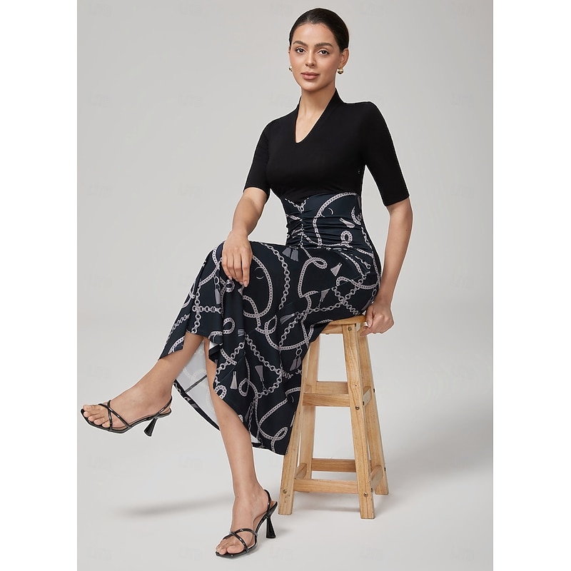 Lyocell Chain Print Colorblock Fishtail Dress