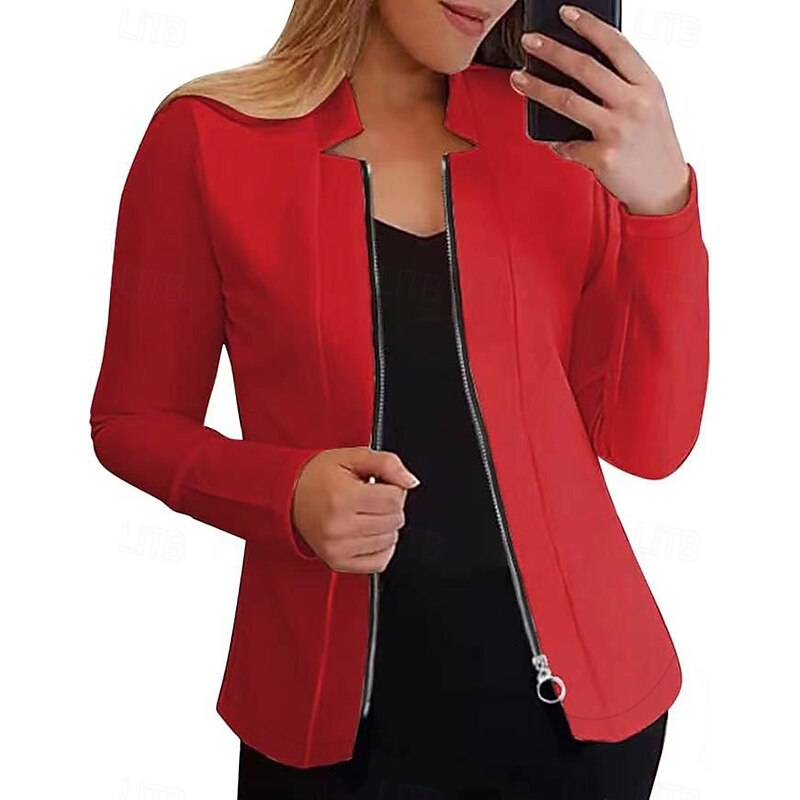 Women's Coat Warm Comfortable Full Zip Fashion Modern Plain Work Daily Zipper Regular Stand Collar Regular Fit Long Sleeve Outerwear Black White Red Fall Winter2
