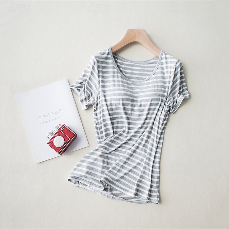 Women's Texture Blouse T Shirt Striped Fashion Modern Short Sleeve Crew Neck Regular Tops Daily Print Black Pink Gray Summer2