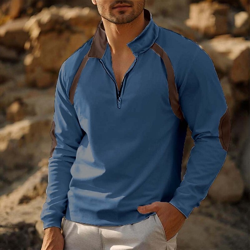 Men's Sweatshirt Quarter Zip Sweatshirt Army Green Navy Blue Light Grey Dark Gray Standing Collar Plain Zip Up Patchwork Quarter Zip Sports & Outdoor Casual Daily Streetwear Cool Sportswear Spring3