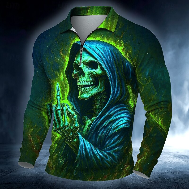 Day of the Dead Men's Skull Skulls Polo Long Sleeve Polo Shirts Casual Dark Outdoor Street Daily Wear 3D Print Quarter Zip Polo Spring Fall Winter Red Orange Green