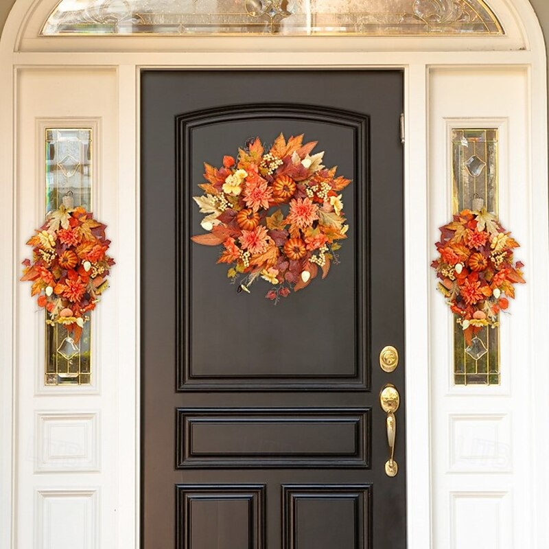 1pc, Classic Autumn Harvest Wreath for Front Door - Vibrant Faux Pumpkin, Maple Leaves & Pinecones, Perfect for Halloween & Thanksgiving Decor, Easy-to-Hang, No Power Required, Fall Decorations
