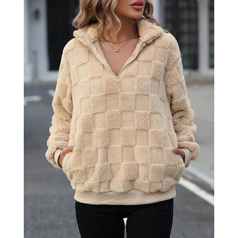 Women's Pullover Sweatshirt Sweatshirts Plain Streetwear Casual Long Sleeve Turtleneck Regular Tops Street Going out Half Zipper Quarter Zipper Zipper Beige Winter4