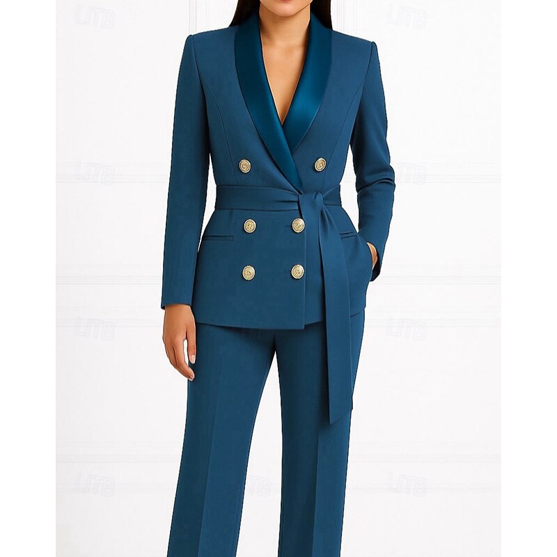 Women's 2 Pieces Suits Formal Wedding Guest Satin Elegant Minimalist Casual Long Sleeve Ankle Length Shawl Lapel Double Breasted3