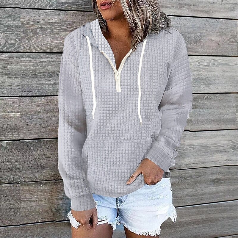 Women's Texture Sweatshirt Waffle Sweatshirt  Pullover Hoodie Sweatshirt Plain Streetwear Casual Comfy Long Sleeve Hooded Regular Tops Street Holiday Going out Pocket Quarter Zip Black White Gray Fall2