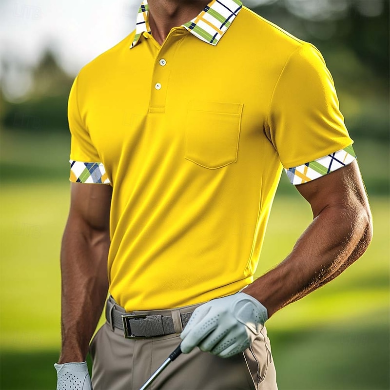 Men's Golf Shirt Pique Polo Shirt Business Casual Classic Short Sleeve Fashion Basic Solid Color Plaid Buttons Summer Spring Spring &  Fall Regular Fit White Yellow Green Navy Blue Golf Shirt