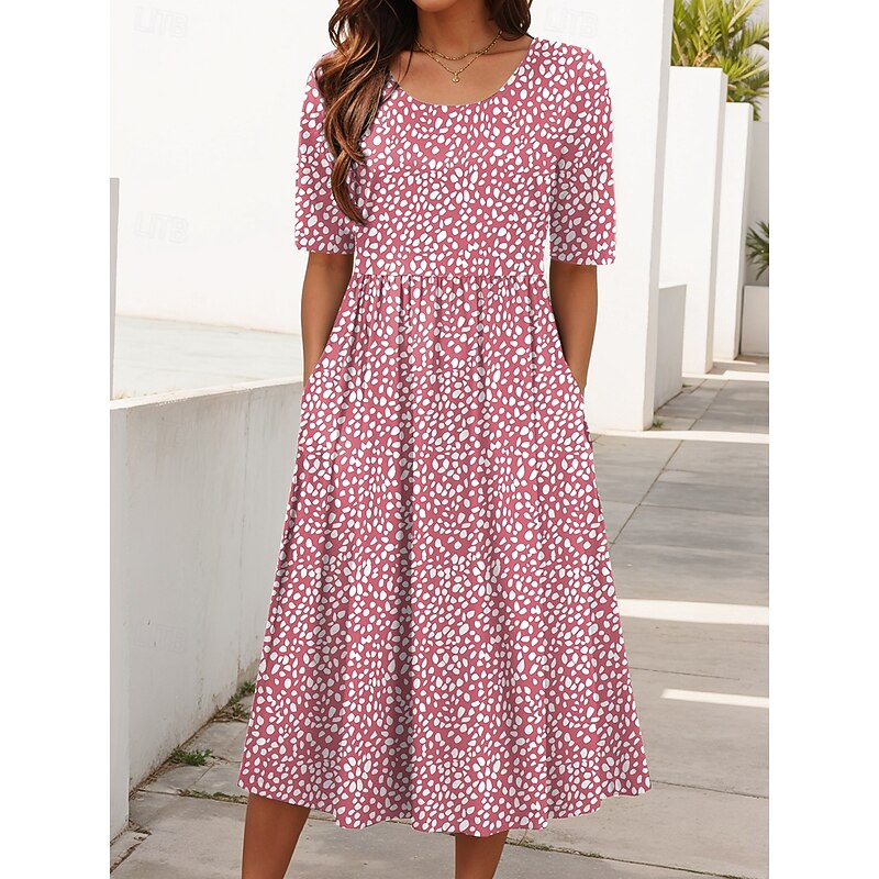 Women's Midi Dress Summer Dress Pleated Dress Vacation Casual Holiday Regular Fit Graphic Geometric Half Sleeve Crew Neck Black Pink Burgundy Purple Summer Spring3