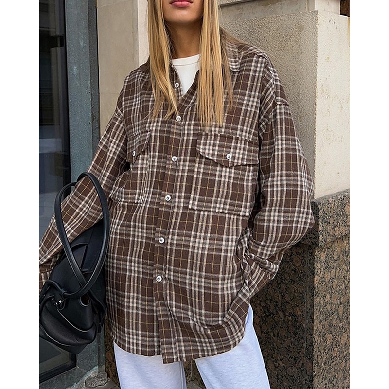 Women's Shirt Plaid Daily Stylish Basic Long Sleeve Shirt Collar Regular Tops Work Daily Holiday Buttons Army Green Navy Blue Brown Spring Fall
