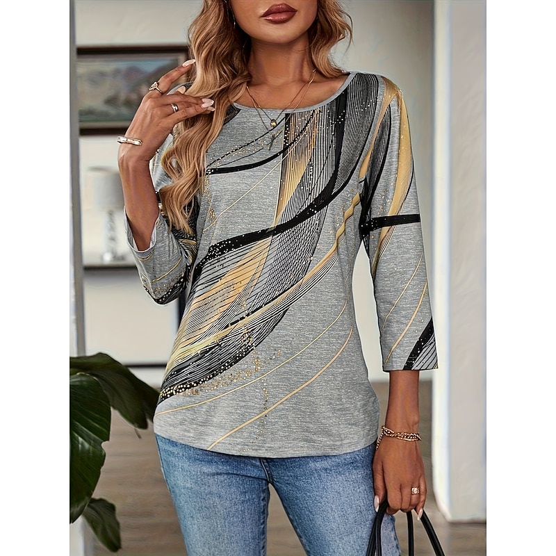 Women's Tee Top Geometric Abstract Casual Boho Long Sleeve Round Neck Regular Tops Going out Weekend Vacation Wear Blue Gold Gray Spring, Fall, Winter, Summer