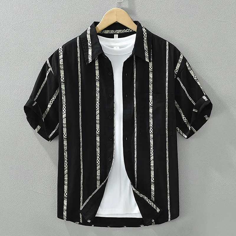 Men's Linen Shirt Summer Shirt Beach Wear Button Up Shirt Striped Vacation Casual Black White Short Sleeve Turndown Summer Spring Clothing Apparel2
