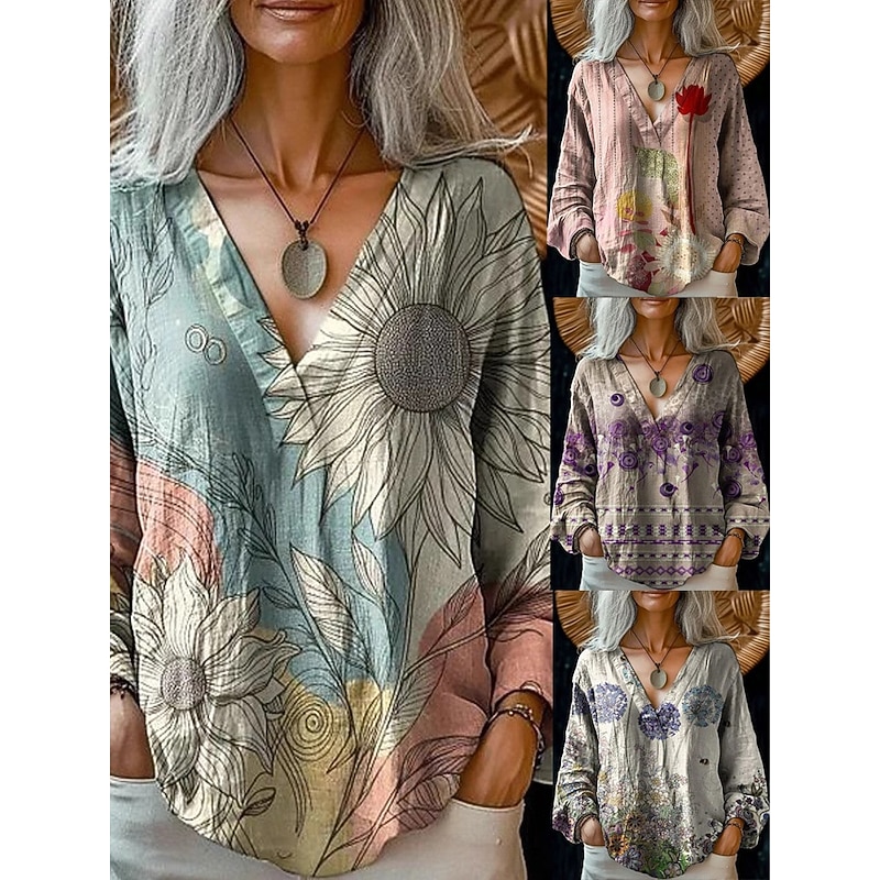 Women's Blouse Floral Retro Vintage Ethnic Long Sleeve V Neck Regular Tops Daily Holiday Print Pink Blue Purple Gray Summer Spring Fall