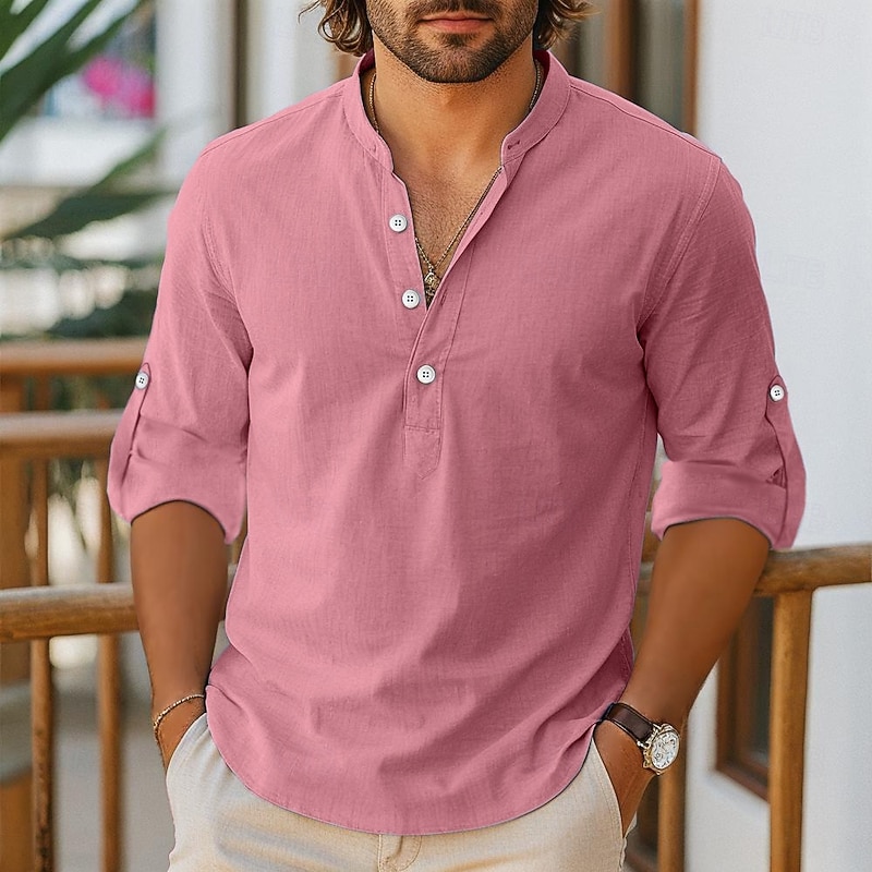 Men's Shirt Linen Shirt Popover Shirt Summer Shirt Beach Shirt Solid Color Vacation Holiday Black White Pink Blue Long Sleeve Henley Clothing Apparel4