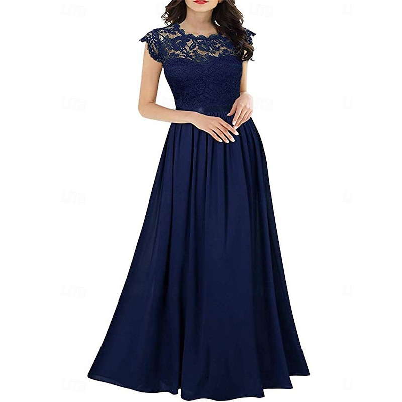Women's Long Dress Maxi Dress Lace Dress Cocktail Dress Wedding Guest Dress Chiffon Elegant Fashion Modern Outdoor Cocktail Party Regular Fit Plain Short Sleeve Crew Neck Black Wine Navy Blue Green