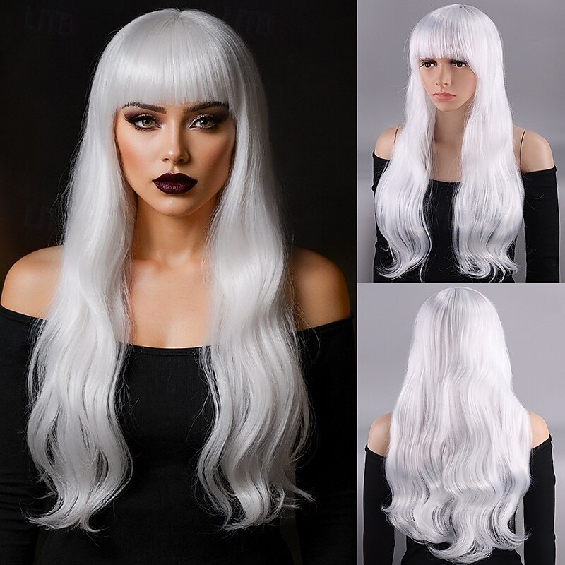 Silver-White Long Curly Wig for Women – High-Temperature Fiber, Full Bangs, Full Head Cap, Ideal for Cosplay, Halloween, and Fashion Looks