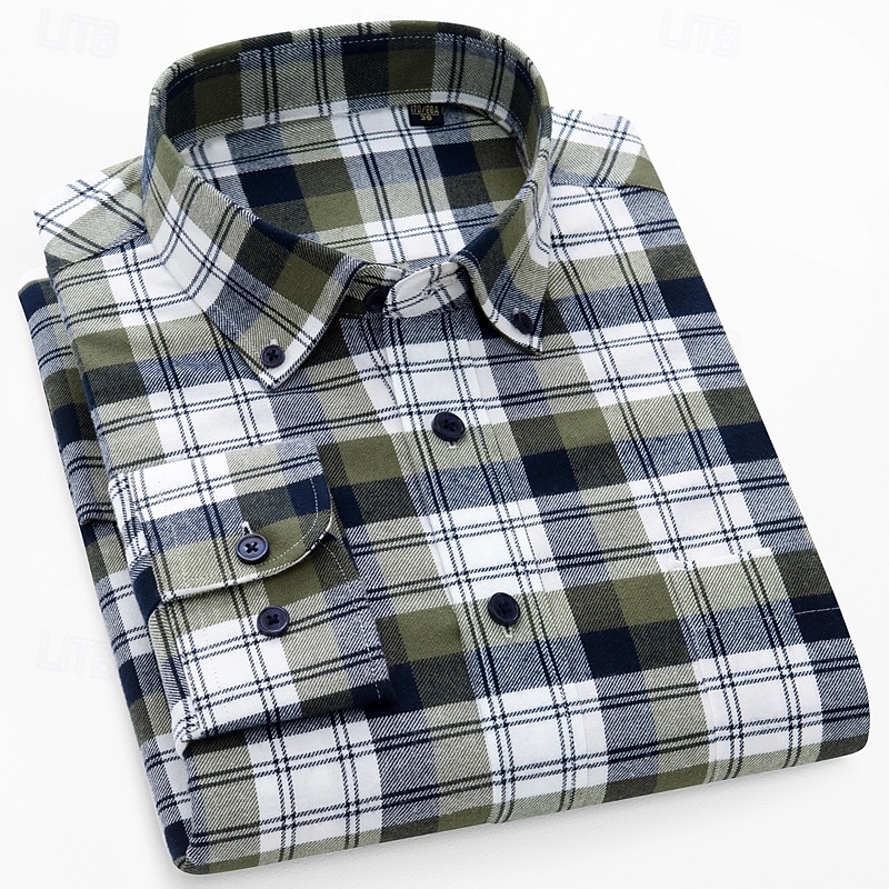 Men's Shirt Dress Shirt Button Down Shirt Plaid Shirt Plaid / Striped / Chevron / Round Daily Wear Corporate Clothing White+khaki Dark Navy Royal Blue Brown Long Sleeve Shirt Collar All Seasons