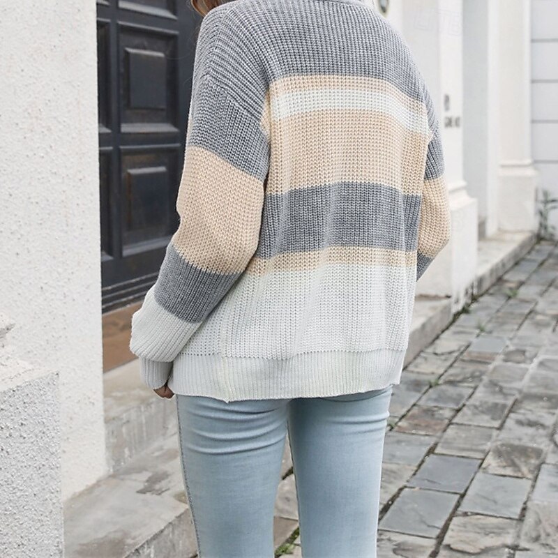 Women's Cardigan Casual Striped Chunky V Neck Knitted Long Sleeve Regular Tops Knit Daily Holiday Going out Blue Khaki Fall Winter4