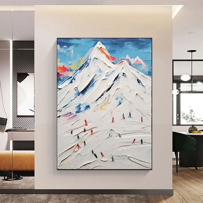 Handmade  3D Textured Mountain Skiing Oil Painting with Gallery Frame - Bold Impasto Brushstrokes in Vibrant Winter Hues Dynamic Skiers on Snowy Peaks Modern Wall Art for Winter Cabin or Ski Lodge4