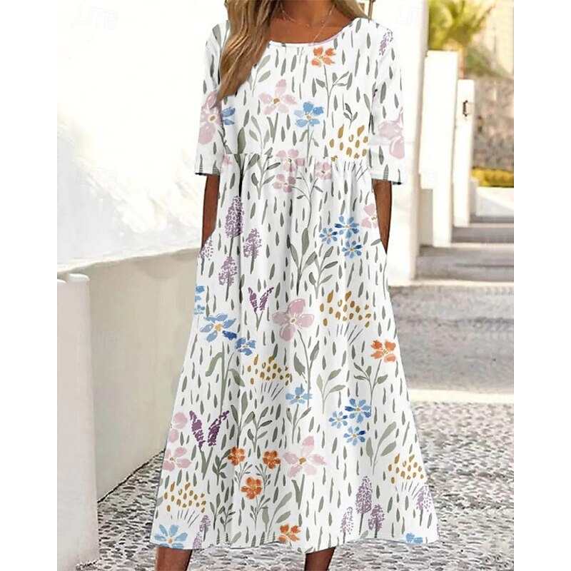 Women's Midi Dress Casual Dress Summer Dress Fashion Modern Daily Beach Weekend Regular Fit Flower Short Sleeve Crew Neck White Pink Purple Brown Summer Spring Fall2