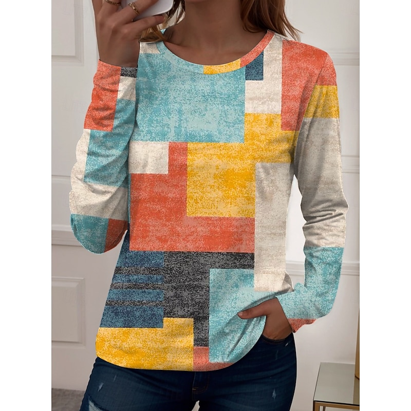 Women's T shirt Crew Neck Long Sleeve Tunic Graphic Geometric Vintage Stylish Modern  Regular Tops Daily Weekend Print Red Blue Brown Fall