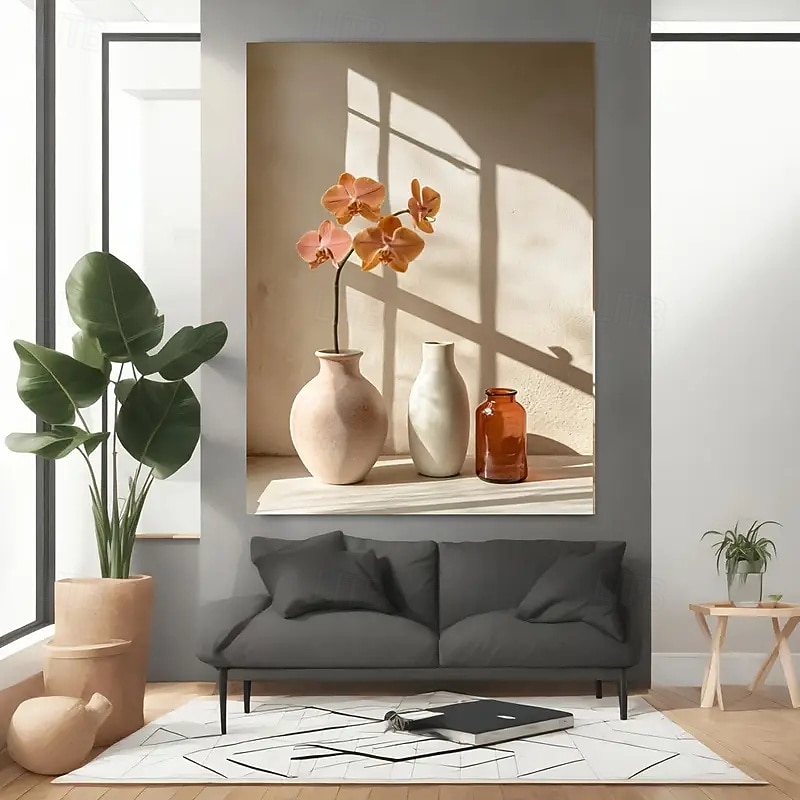A Modern Vase And Orchid Canvas Wall Art - Frameless Plant Printing Poster Home Decoration Elegant Flowers And Flowerpot Still Life Suitable For Bedroom Living Room And Office Decoration White F