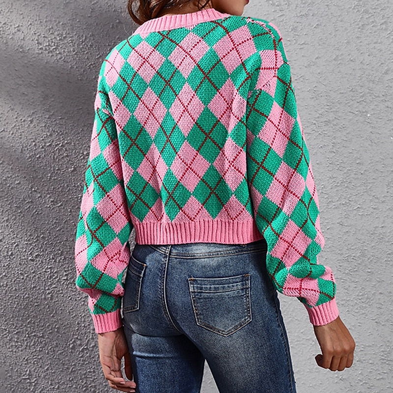Women's Cardigan Casual Plaid Chunky V Neck Knitted Long Sleeve Crop Tops Knit Daily Holiday Going out Pink Apricot Fall Winter4