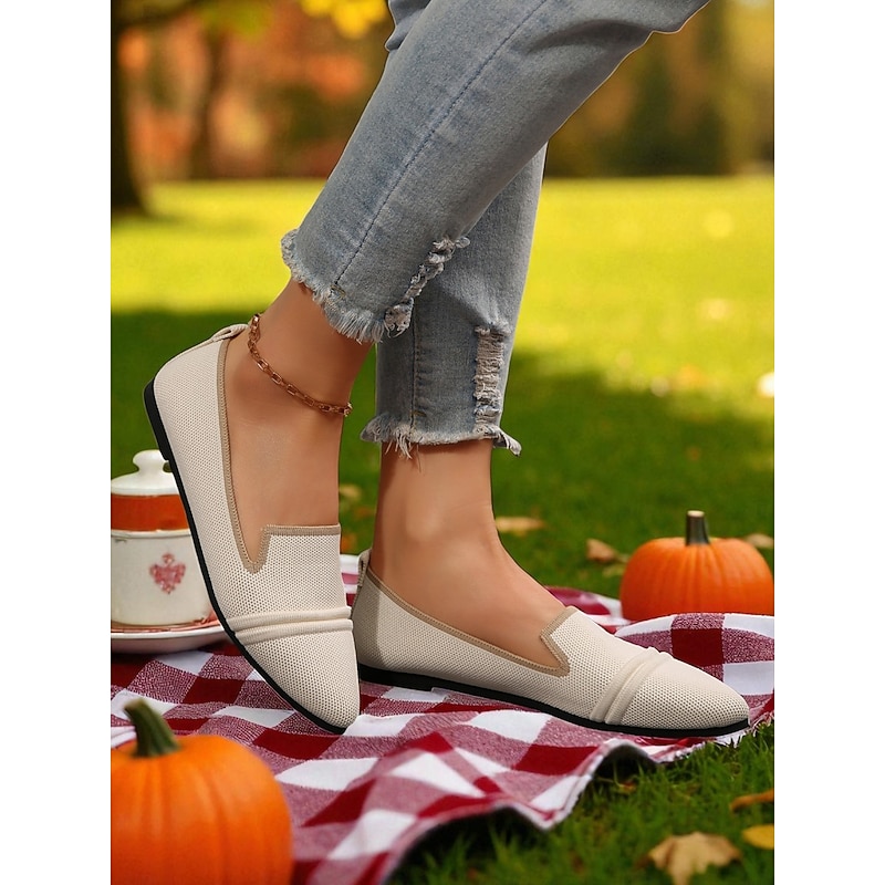 Women's Beige Flyknit Flats with Pointed Toe – Lightweight Casual Slip-On Flats for Fall Picnics, Pumpkin Patches and Weekend Coffee Runs3