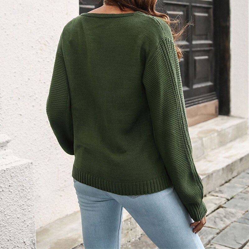 Women's Pullover Casual Solid Color Chunky V Neck Knitted Long Sleeve Regular Tops Knit Daily Holiday Going out Blue Green Fall Winter4