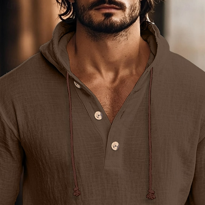 Men's Shirt Linen Shirt Hooded Shirt Plain Vacation Casual White Blue Green Coffee Long Sleeve Hooded Fall Spring & Summer Clothing Apparel2