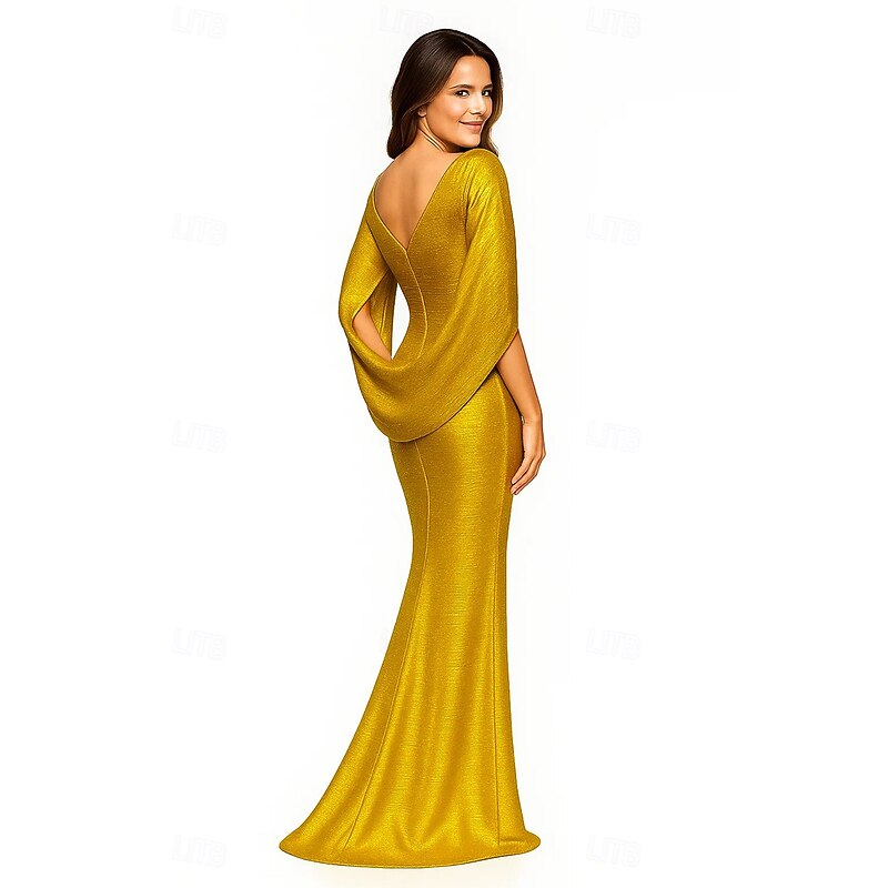 Black Tie Gold Mermaid / Trumpet Evening Gown Elegant Cape Dress Formal Wedding Sweep / Brush Train Sleeveless Boat Neck Jersey with Pleats Ruched4
