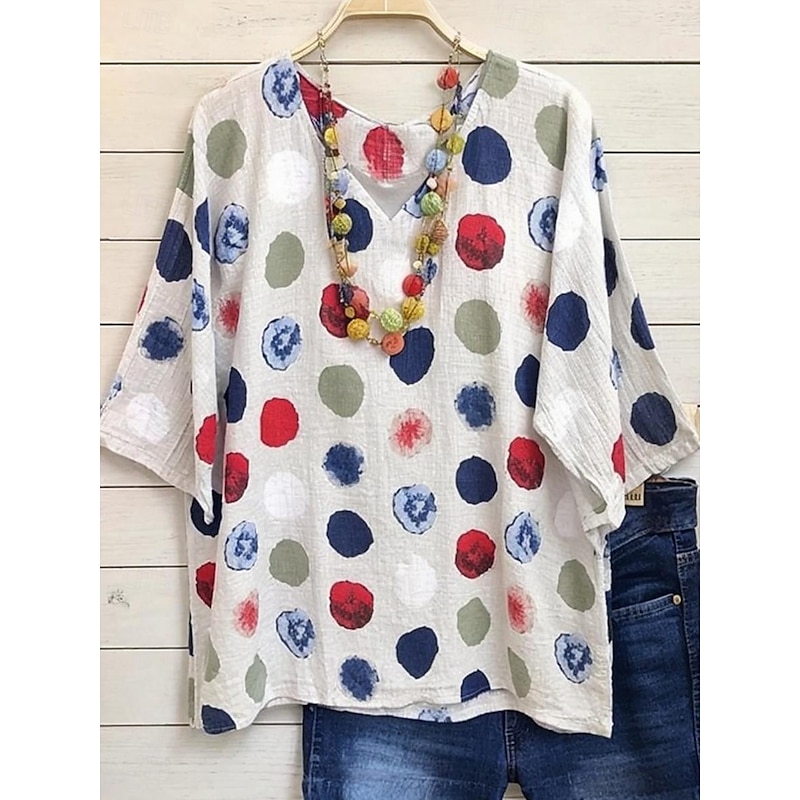 Women's Blouse Graphic Geometric Polka Dot Vintage Stylish Classic 3/4 Length Sleeve V Neck Regular Tops Daily White Summer Spring Fall