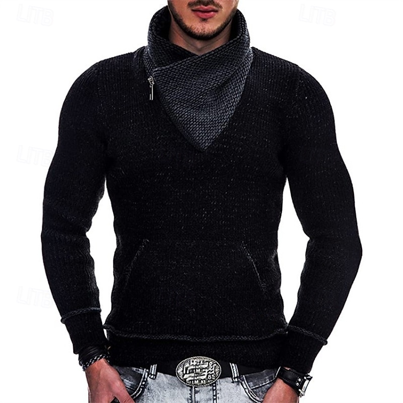 Men's Sweater Pullover Sweater Jumper Ribbed Knit Regular Tops Knitted Slim Fit Plain Shawl Knitwear Fashion Casual Daily Wear Clothing Apparel Winter Black White S M L3