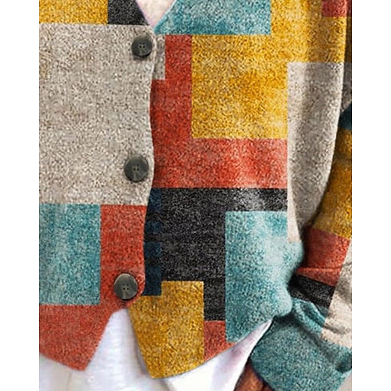 Women's Sweater Cardigan Fashion Streetwear Daily Plaid Color Block Ribbed V Neck Knitted Print Long Sleeve Regular Tops Knit Holiday Going out Weekend Yellow Fall Winter3