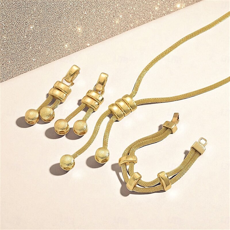 Women's Gold Mesh Jewelry Set - Modern Geometric Necklace, Bracelet and Dangle Earrings for Elegant Parties, Formal Events and Gift Giving3