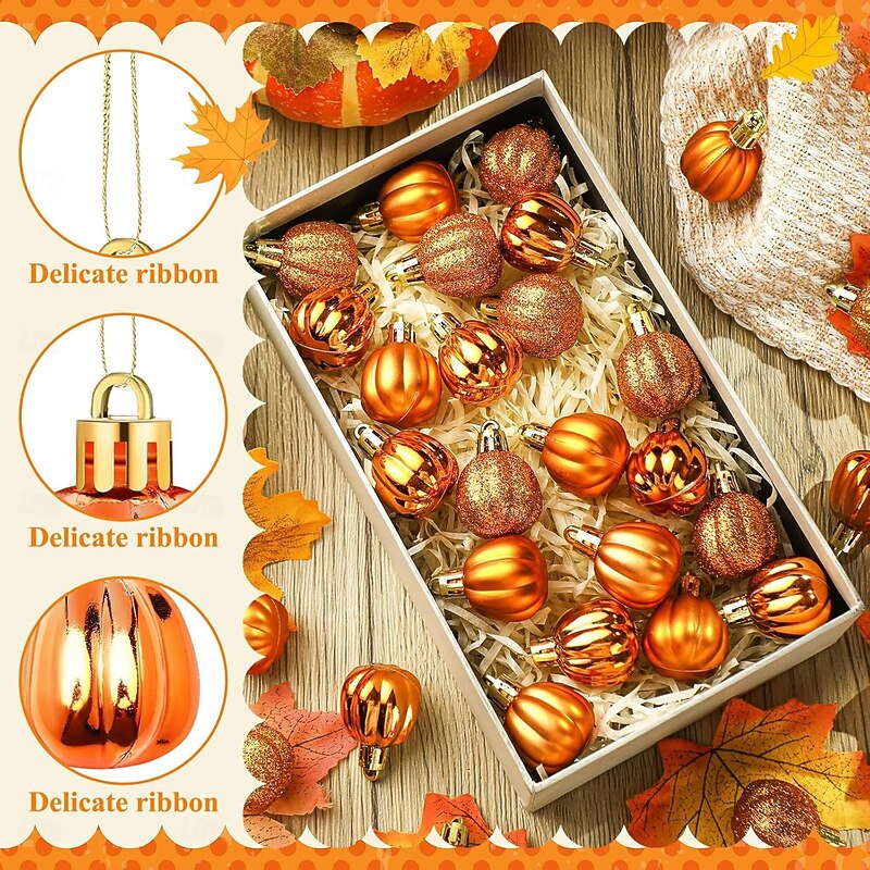24 pcs Halloween Hanging Pumpkin Ornaments Fall Mini Thanksgiving Ball Ornaments, 3cm Hand Painted Pumpkin Baubles for Christmas Tree, Garland, Table Centerpiece or Harvest Festival Decor2