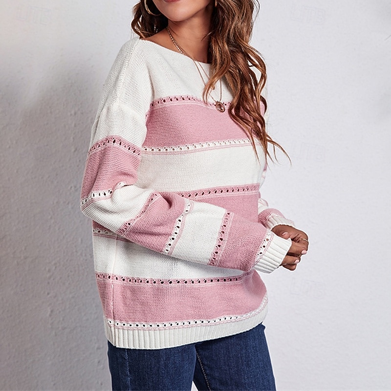 Women's Pullover Casual Striped Chunky Off Shoulder Knitted Long Sleeve Regular Tops Knit Daily Holiday Going out Black Pink Fall Winter2