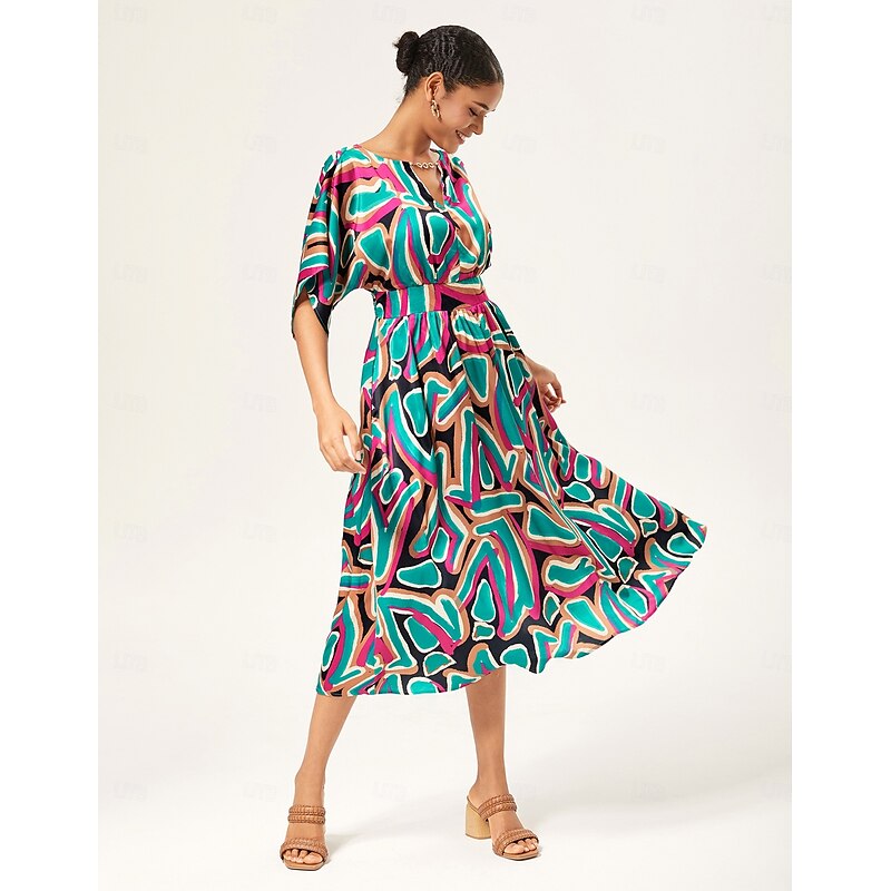 Colorful Abstract Batwing Sleeve Cinched Maxi Dress3