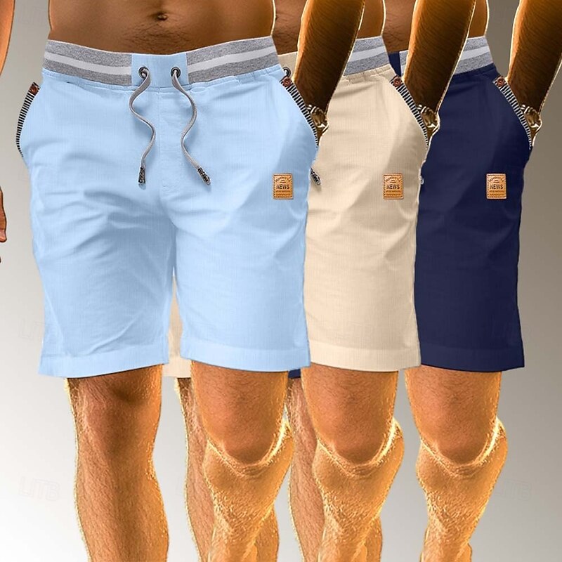 Men's Shorts Linen Shorts Summer Shorts Beach Shorts Patchwork Elastic Waist Drawstring Color Block Comfort Breathable Knee Length Casual Daily Holiday Vacation Fashion Blue+Black+Navy Blue Blue+Navy2