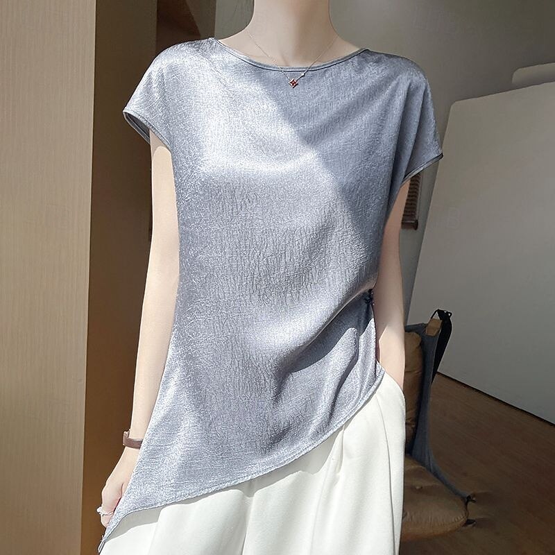 Women's T Shirt Tee Top Plain Fashion Modern Short Sleeve Crew Neck Regular Tops Daily Going out Weekend Asymmetrical Black Gold Khaki Beige Gray Summer3