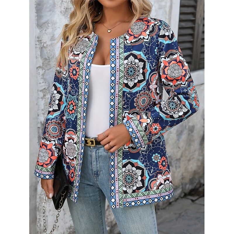 Women's Casual Jacket Lightweight Print Open Front Elegant Active Vintage Fashion Geometric Outdoor Vacation Party Work Regular Crewneck Regular Fit Long Sleeve Outerwear Blue Spring Fall2