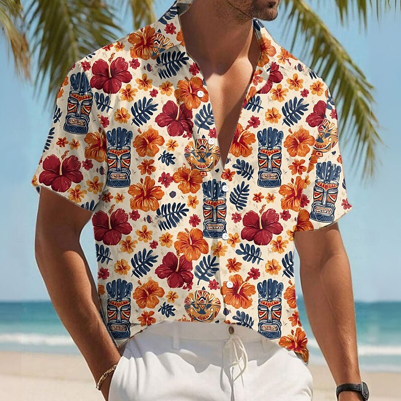 Men's Tropical Flowers Ethnic Tiki Shirt Summer Hawaiian Shirt Button Up Shirt Short Sleeve Hawaiian Resort Vacation Holiday Beach Wear Summer Spring Turndown 3D Print Collared Shirts Khaki Apricot2