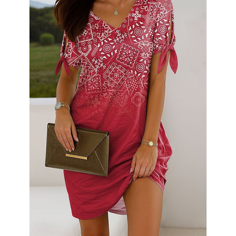 Women's Mini Dress Casual Dress T Shirt Dress Tee Dress Summer Dress Elegant Vacation Vintage Cold Shoulder Regular Fit Ombre Graphic Geometric Short Sleeve V Neck Red Blue Purple Green Summer Spring - Main Image