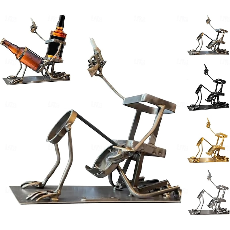 Skull Coke and Wine Bottle Stand Funny Metal Skull Skeleton Bar Decor for Whiskey and Beer Steampunk Style Beverage Display Stand for Home, Kitchen, or Man Cave Gift