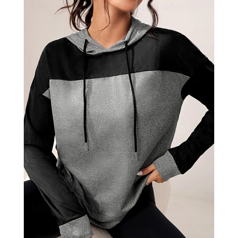 Women's Pullover Hoodie Sweatshirt Hoodies Color Block Streetwear Casual Long Sleeve Hooded Regular Tops Home Street Holiday Patchwork Gray Fall Winter