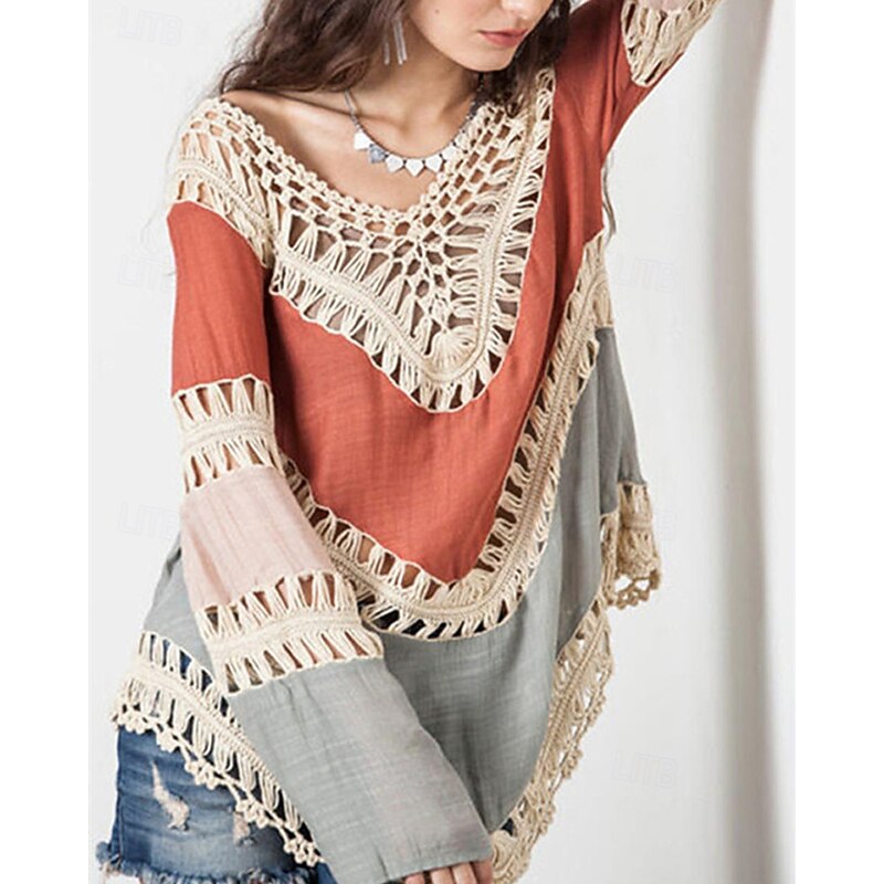 Women's Shirt Shrugs Color Block Daily Stylish Basic Long Sleeve V Neck Regular Tops Daily Holiday Going out Eyelet Blue Orange Summer Spring4