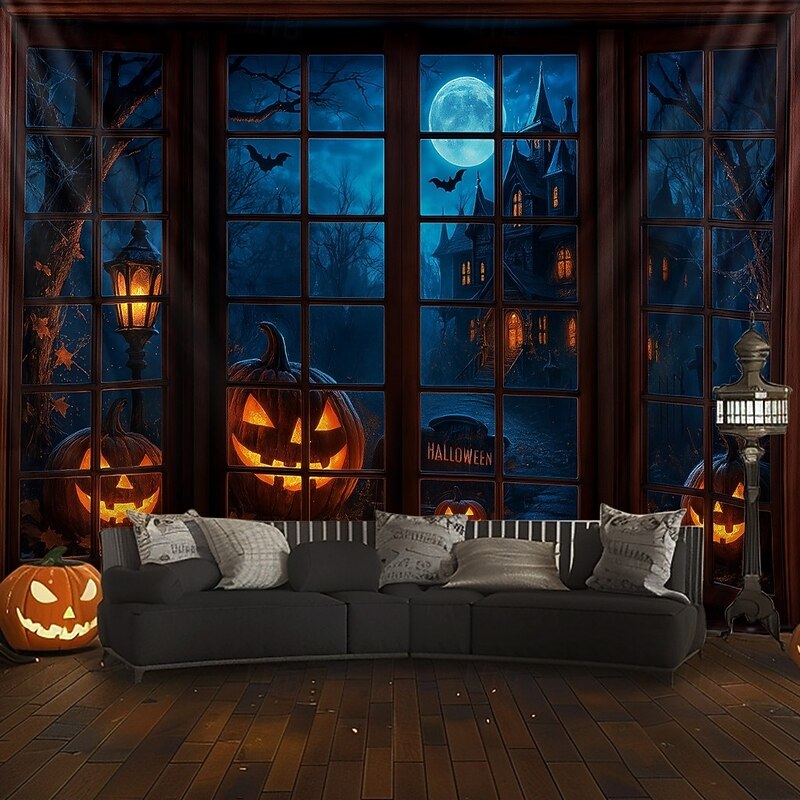 Halloween Window Scene Wall Tapestry Backdrop – Creepy Skeleton in Top Hat Outside Gothic Mansion Window with Full Moon, Pumpkins, and Bats, Spooky Indoor Party 2025 Halloween Decoration4